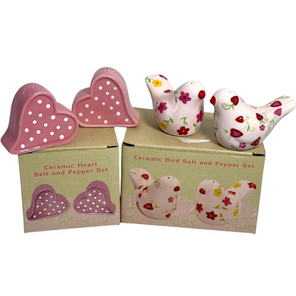 Lot of 2 Cracker Barrel Ceramic Salt Pepper Shakers Hearts Pink Floral Birds